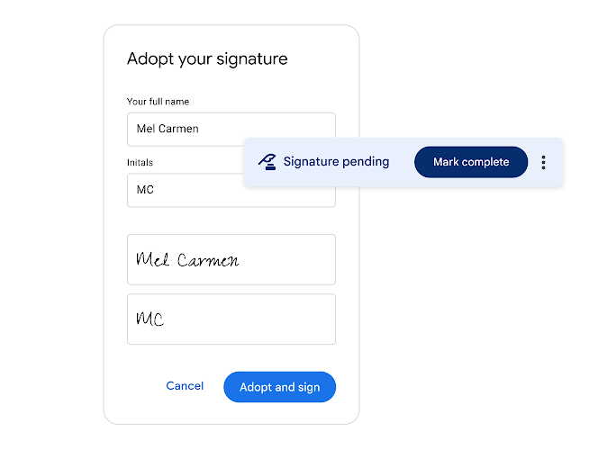 A signature is shown in the UI on a mobile device.