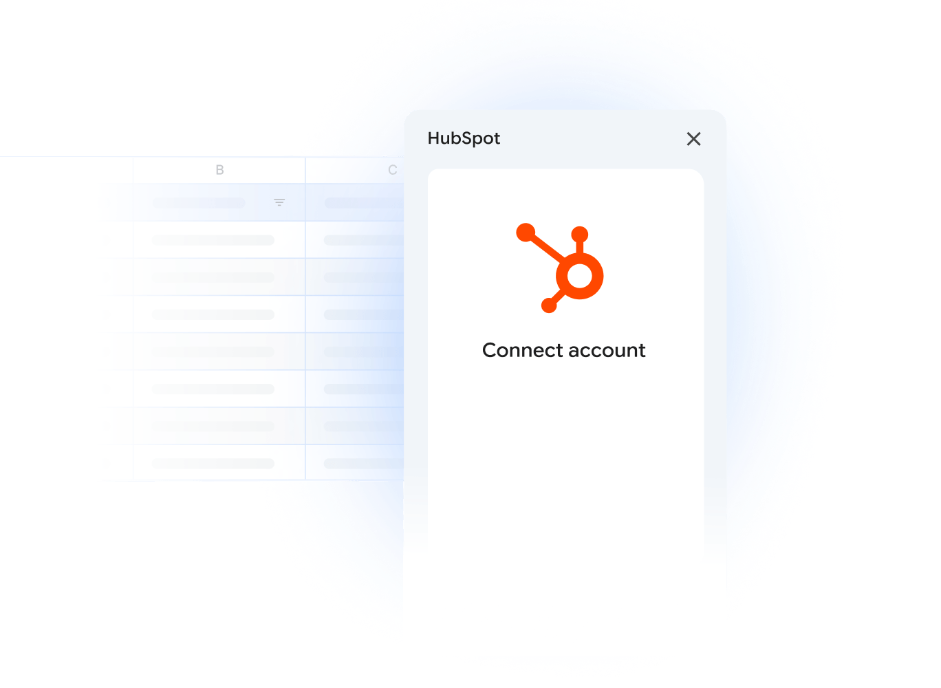A HubSpot integration dialog box shown within the Google Sheets interface.