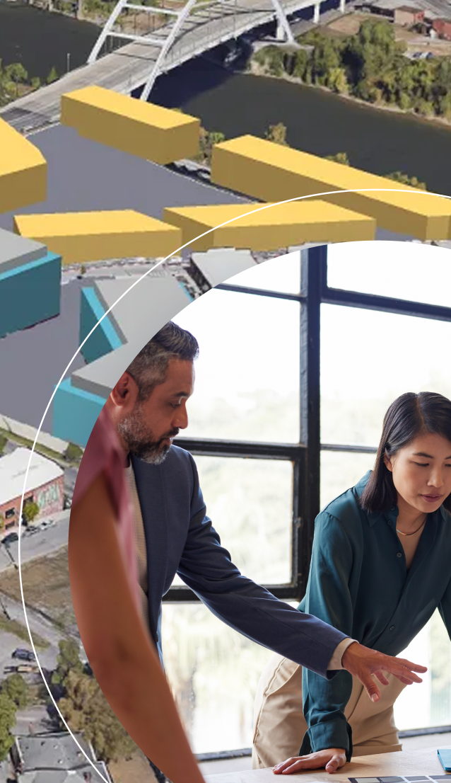 Colleagues looking at color swatches superimposed on a 3D rendering of an urban neighborhood.