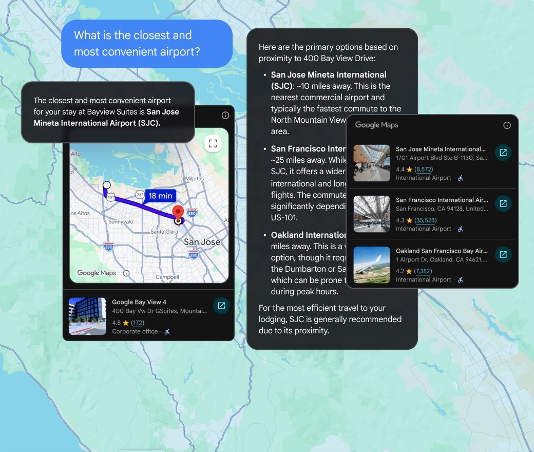 Interface showing AI travel advice, a map, and airport listings recommending San Jose Mineta International Airport.