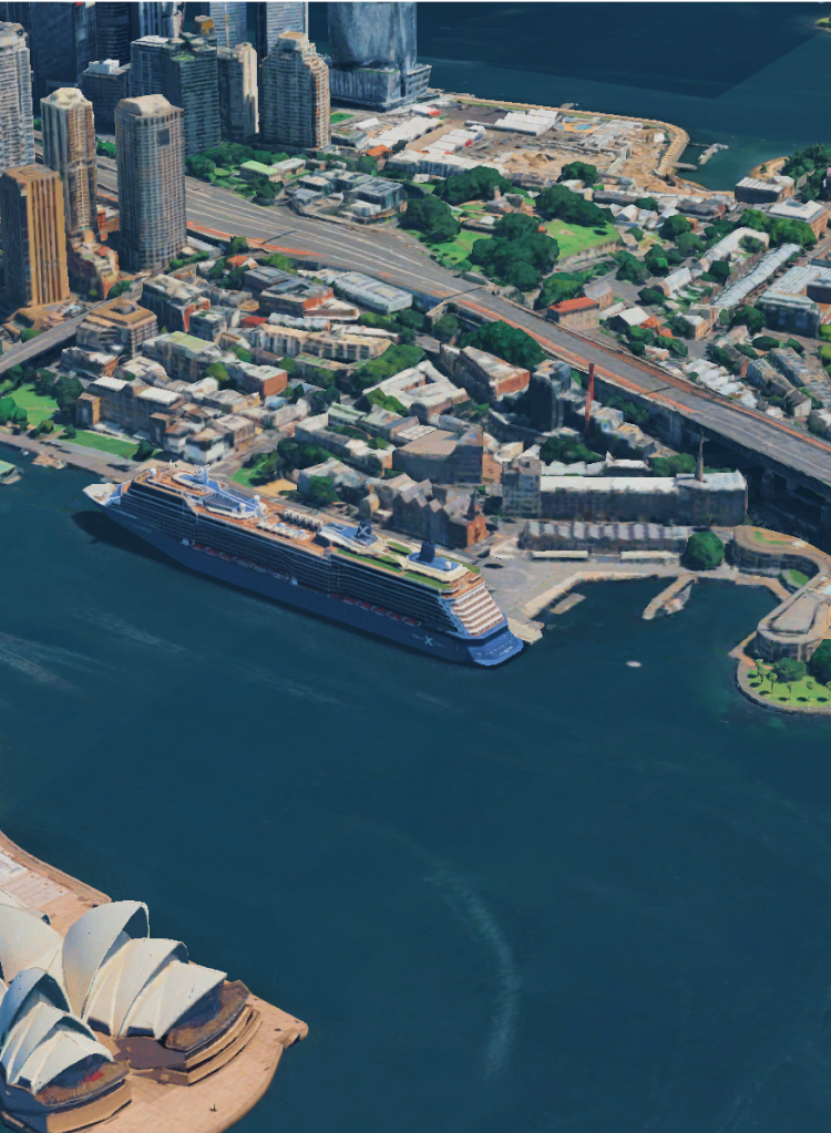 A 3D realistic map of Sydney Harbor in Australia with the Sydney Opera House.