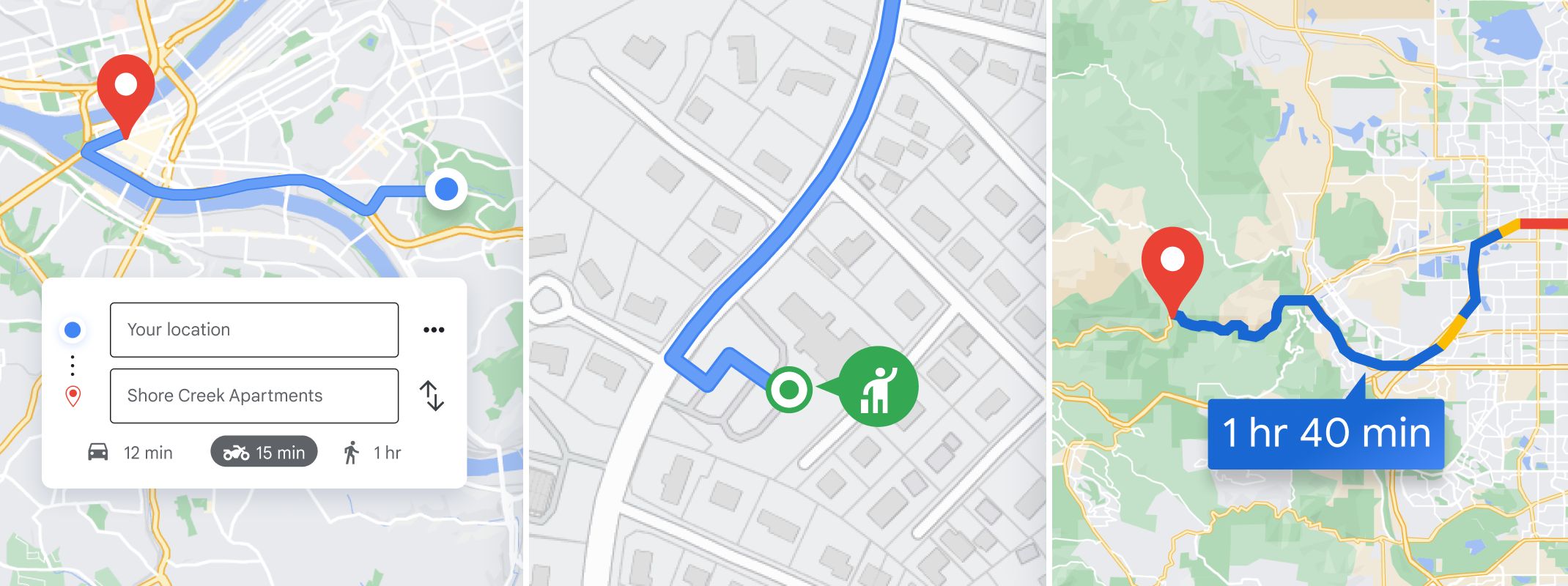 Três visualizações do Google Maps: pesquisa de rotas com tempos de viagem, uma rota com um ícone de reciclagem e uma viagem de 1 hora e 40 minutos.