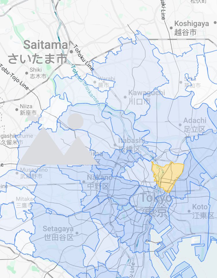 Mapa de las regiones de Tokio y Saitama con los distritos sombreados en azul y un distrito central resaltado en amarillo.