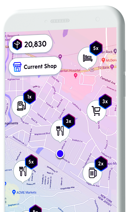 複数の店舗で利用可能な特典ポイントが表示された地図