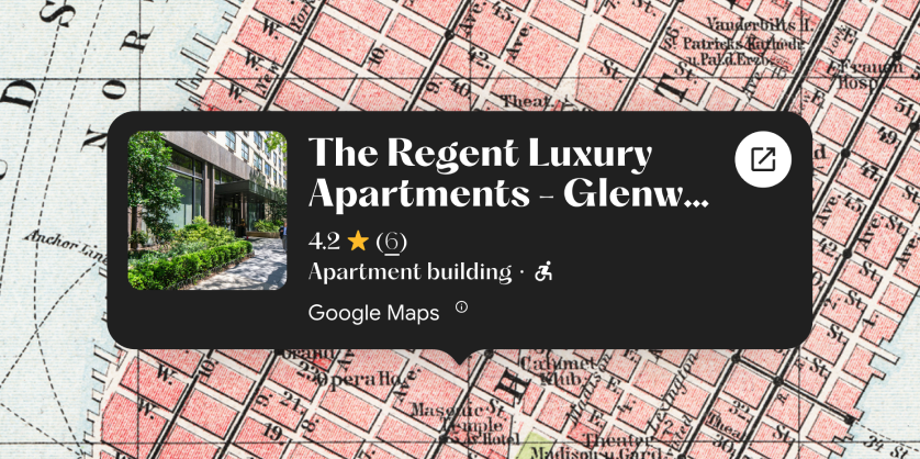 Google Maps card for The Regent Luxury Apartments with photo and rating, displayed over a vintage street map.
