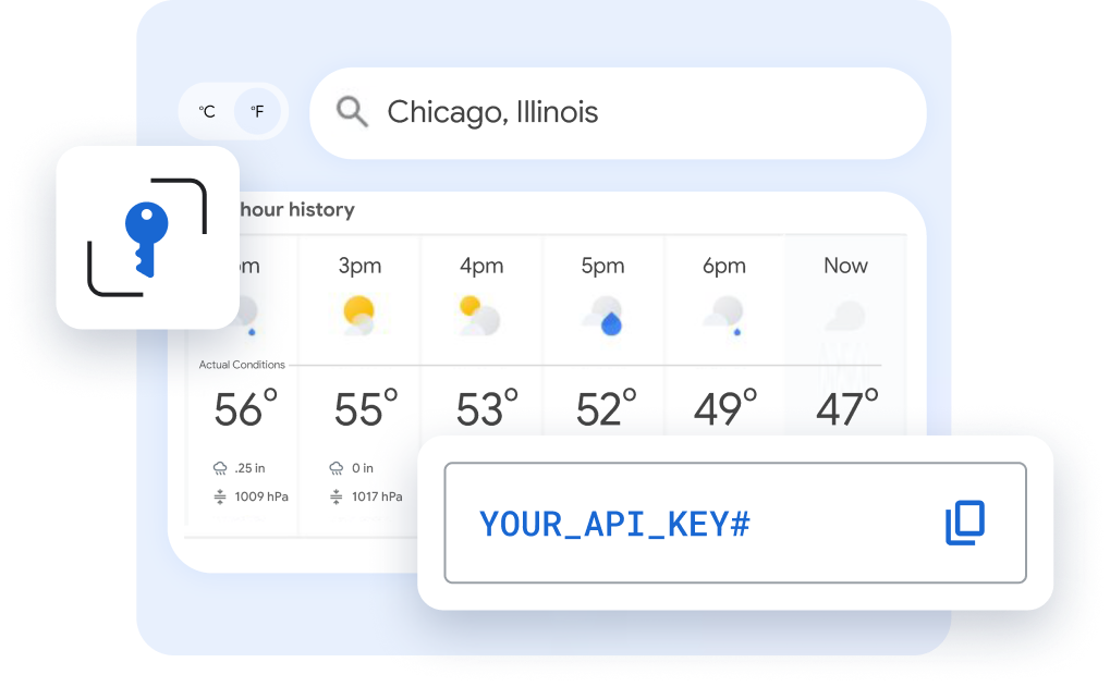 Weather app interface for Chicago with a blue key icon and an API key field overlay.