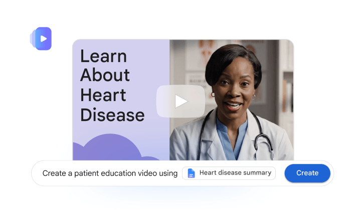 A Google Vids prompt uses a 'Heart disease summary' to create a patient education video featuring a female doctor.