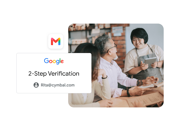 A couple in a café ordering from a waiter using a tablet. The image is bordered by a Gmail icon and a 2-Step Verification alert.