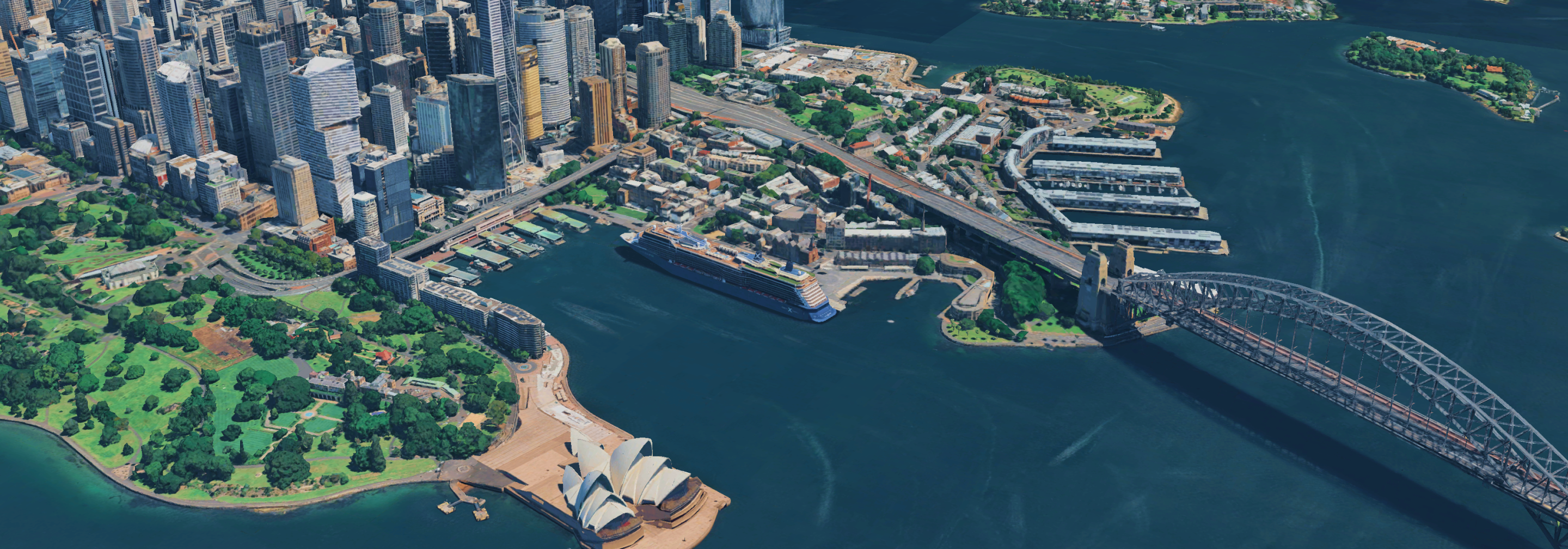 A 3D realistic map of Sydney Harbor in Australia with the Sydney Opera House.