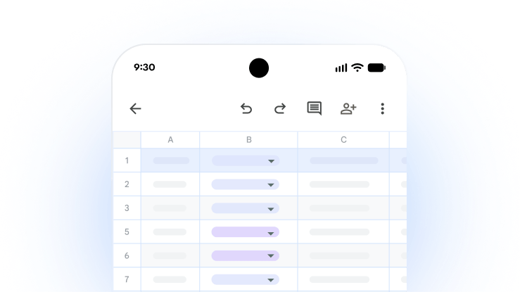The rows and columns of a spreadsheet in Google Sheets on a mobile interface.