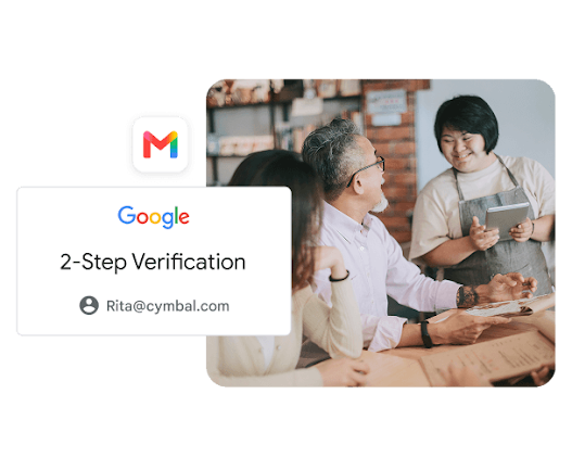 A couple in a café ordering from a waiter using a tablet. The image is bordered by a Gmail icon and a 2-Step Verification alert.