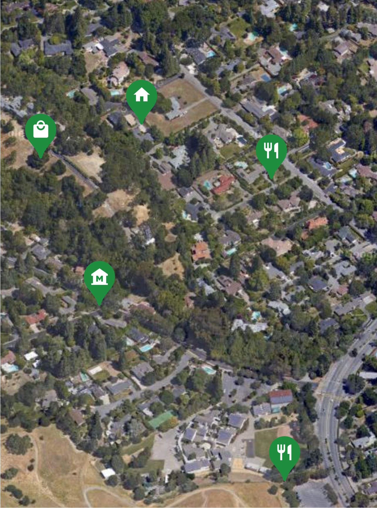 Overhead view of neighborhood with pins showing points of interest