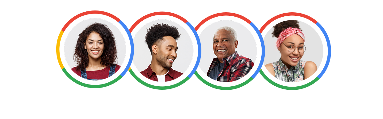 Four profile photos surrounded by Google colors.