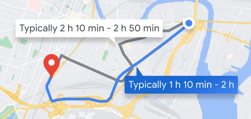 Mapa com horas de diferentes rotas
