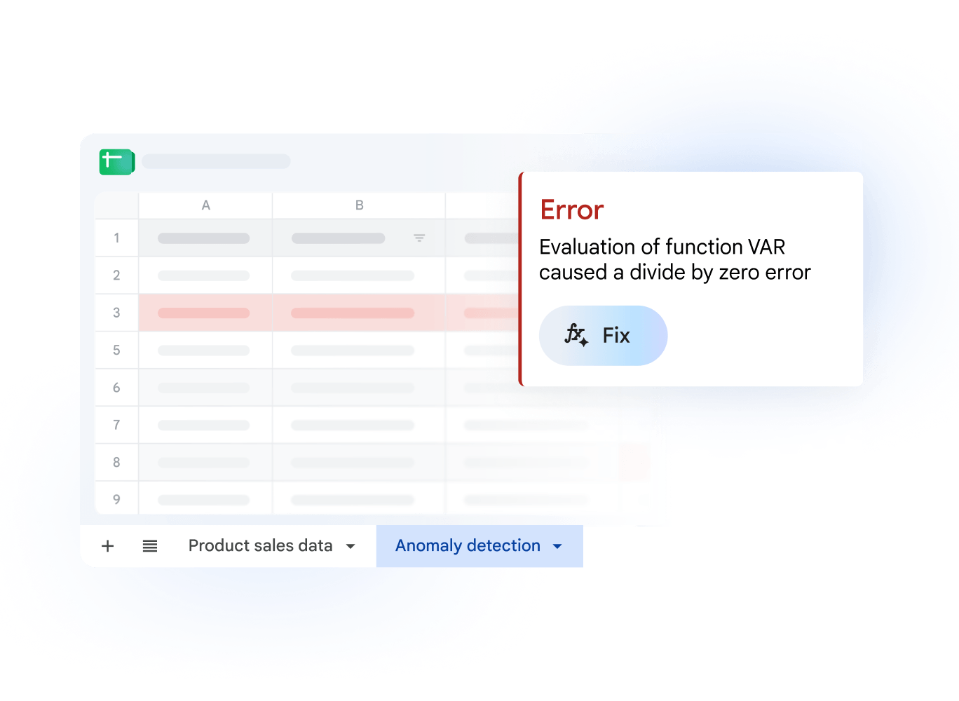 Google Sheets error pop-up offering an automated fix for a formula error.