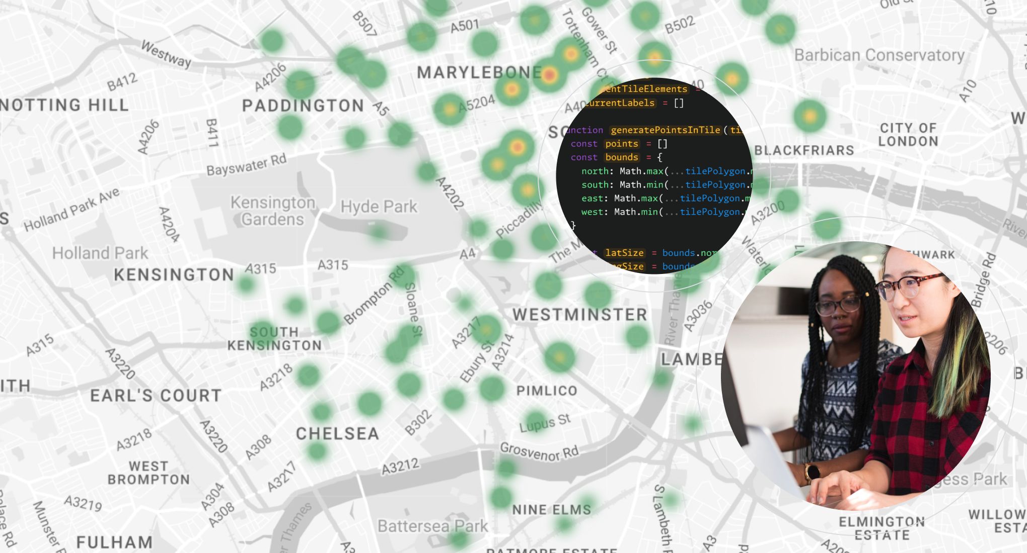 Mapa de Londres con puntos de datos verdes y superposiciones circulares que muestran el código y a dos mujeres trabajando juntas.