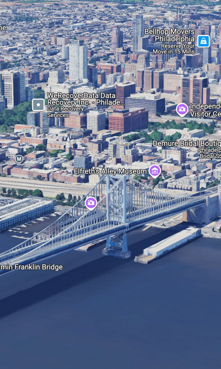 A Google Maps Platform photorealistic map of Philadelphia.