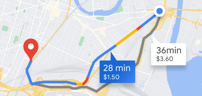 Mapa mostrando custo e tempo das rotas