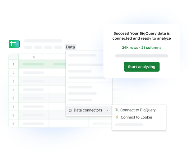 A drop-down menu in Google Sheets with the option to connect directly to data from BigQuery and Looker.