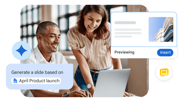 Gemini in Slides creating a slide based on April Product launch, shown with a man and a woman looking at a laptop. 