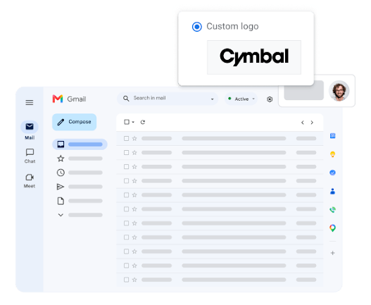 A stylised view of the Gmail interface highlighting the custom logo of the user's company.