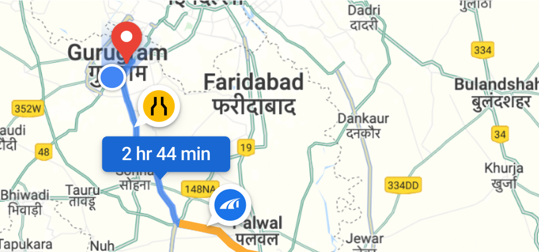 भारत के दो शहरों के बीच ड्राइविंग मार्ग दर्शाने वाला एक नक्शा.