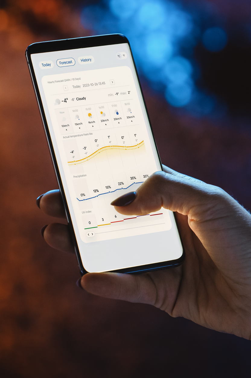 A person using an app on a mobile phone powered by Weather API.
