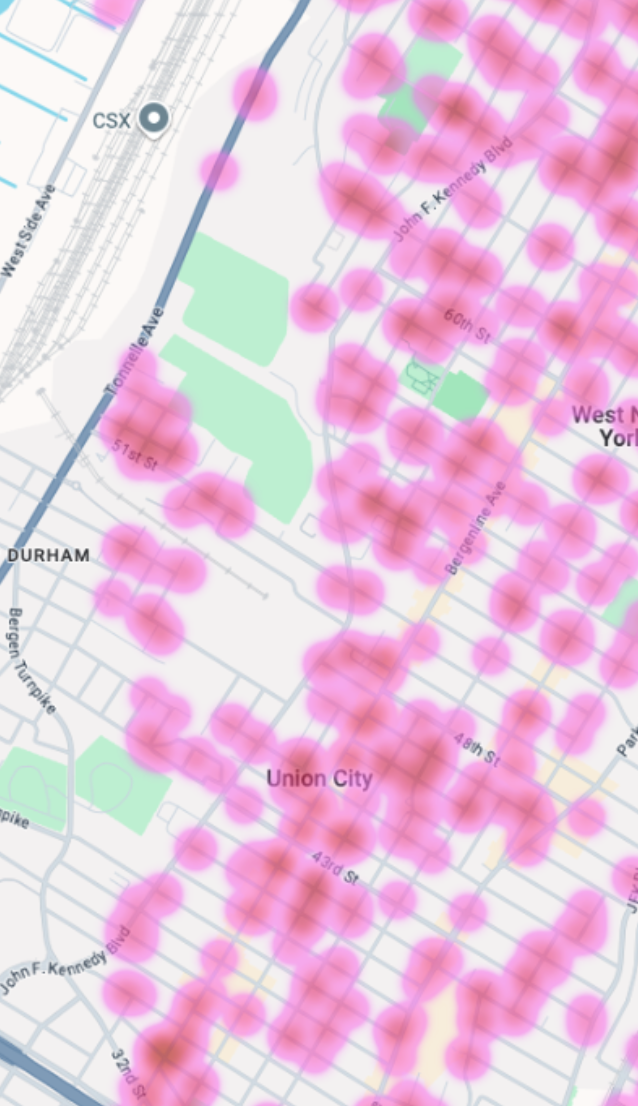 High-level 2D map with business markers and pink hot spots