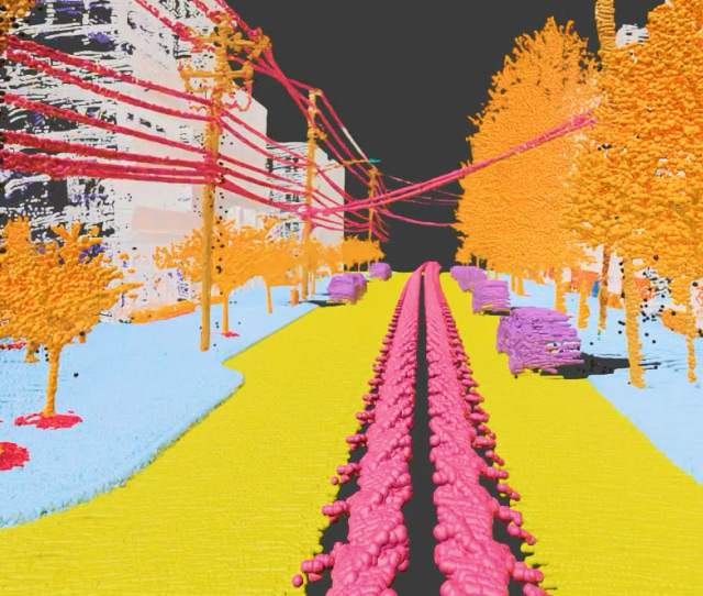 Computer image of a city street with different items highlighted.