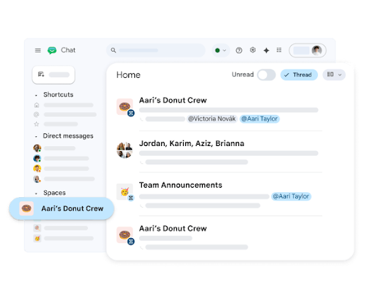 Google Chat のデスクトップ サイドバーに、ダイレクト メッセージとスペースのリストが表示されている。その中に「Aari's Donut Crew」がある。