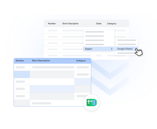 UI-Grafik: Auswahl von „Exportieren > Google Sheets“ aus dem Menü einer Datenbanktabelle, um eine Google-Tabelle zu füllen.
