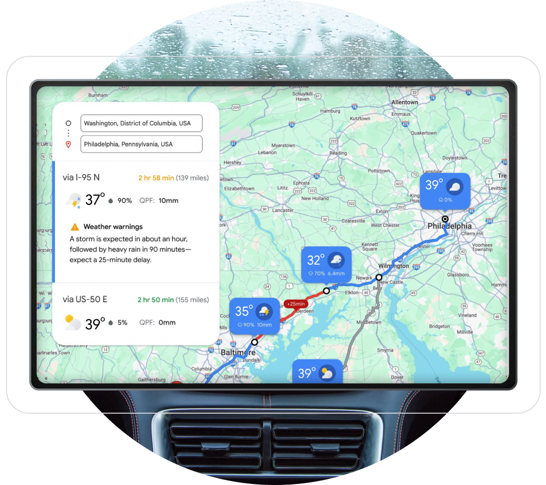 A mobile app for booking a car with a daily weather forecast included.
