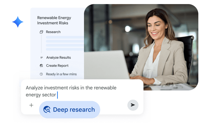 Une femme souriante travaille sur un ordinateur portable avec une superposition montrant une barre de requête d'IA « Deep Research » et une liste de contrôle du flux de travail pour analyser les risques d'investissement dans les énergies renouvelables et créer des rapports.
