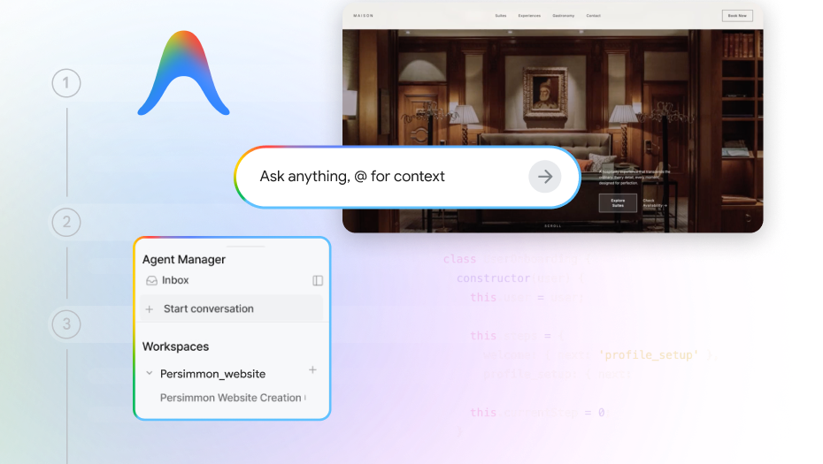 AI agent interface with an Agent Manager workspace, a prompt search bar, and a preview of a luxury hotel website.