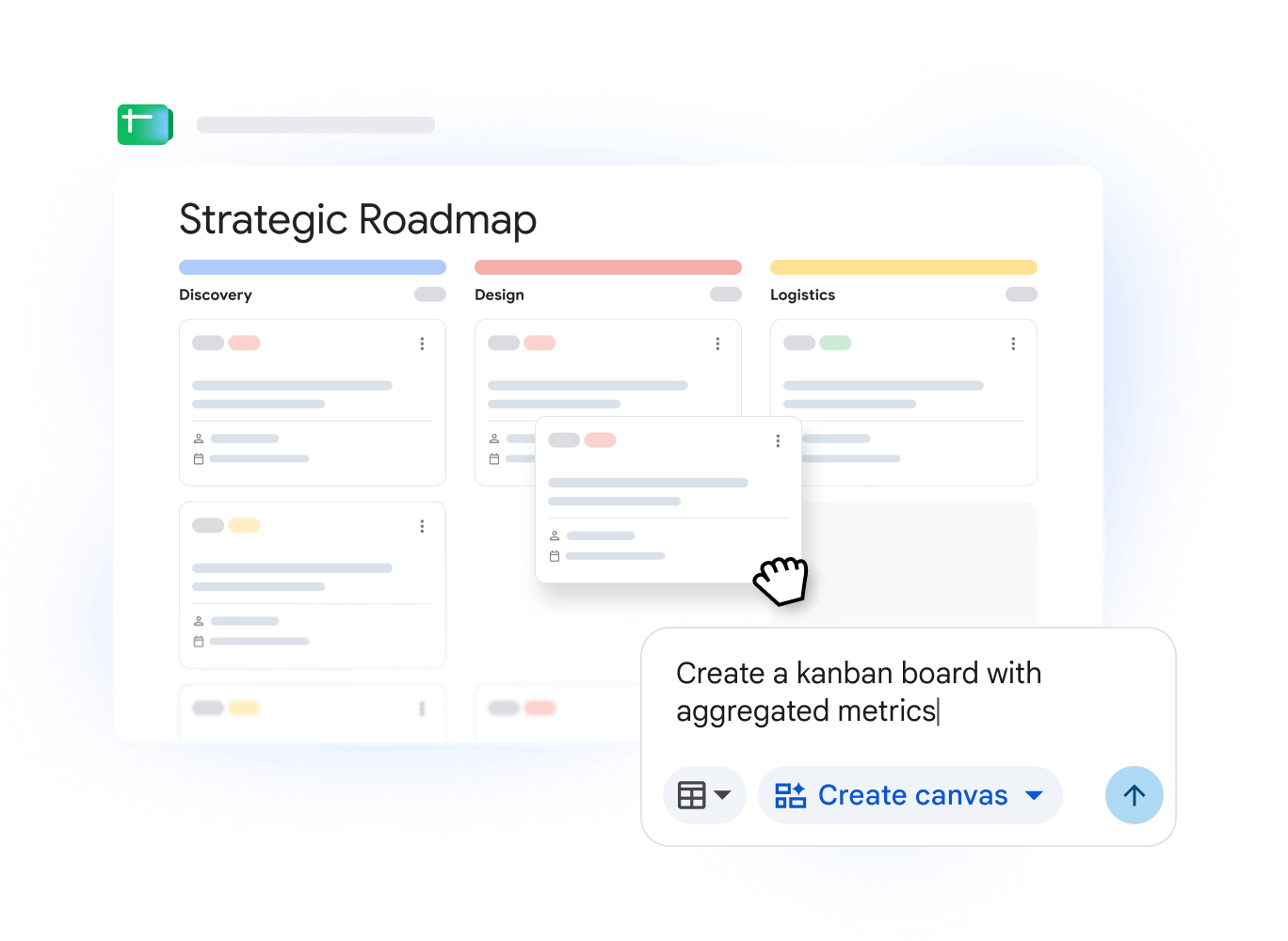 A Kanban board created by Gemini in Google Sheets, showing a team’s strategic roadmap.
