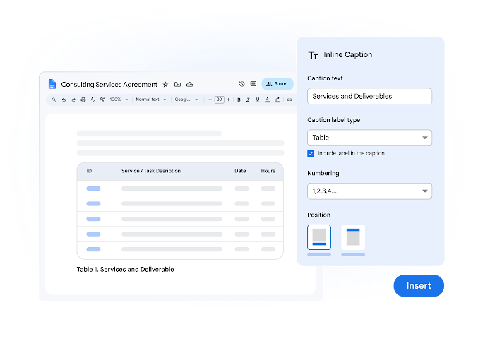 UI-Grafik: Google-Dokument „Consulting Services Agreement“ neben Einrichtungsmenü für „Inline-Bildunterschrift“ mit Einstellungen für Text, Labeltyp und Positionierung.