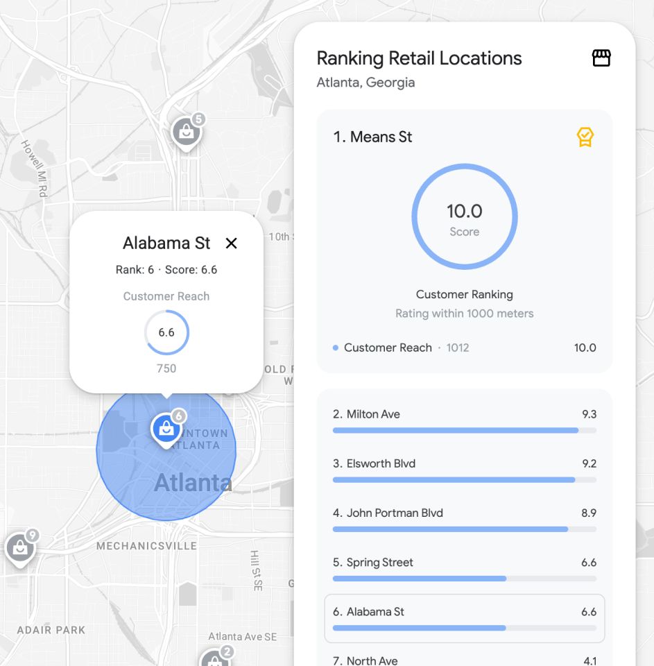 Mapa y panel de control que clasifica las ubicaciones de tiendas minoristas en Atlanta, Georgia, con puntuaciones y análisis del alcance de los clientes.