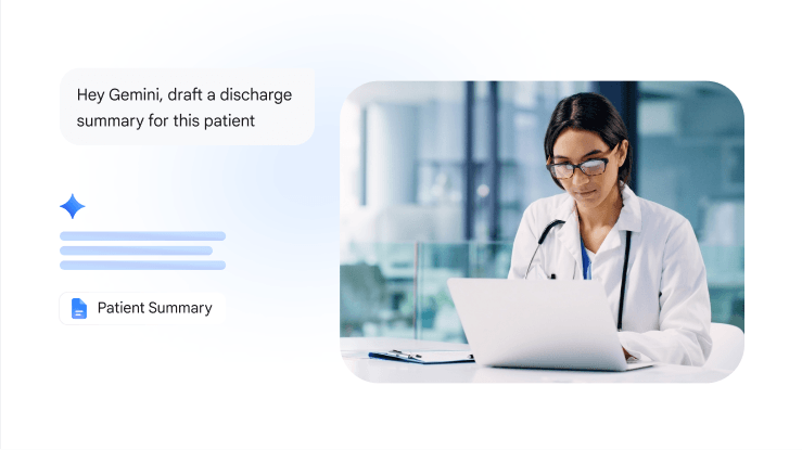 Una médica revisa historias clínicas en una laptop. Los elementos flotantes de la IU muestran una solicitud para que Gemini genere un resumen de alta del paciente, con el documento "Resumen del paciente" generado que se muestra debajo.