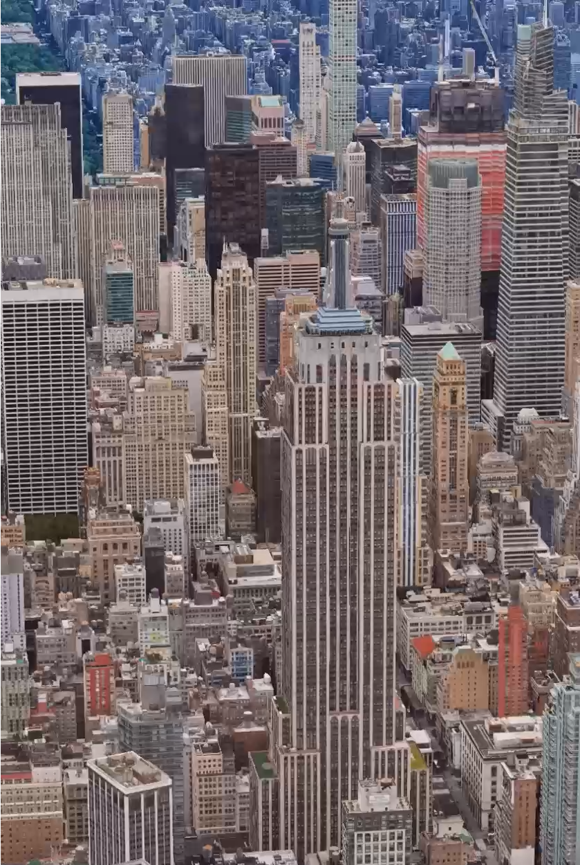 A photorealistic 3D rendering of downtown Manhattan.