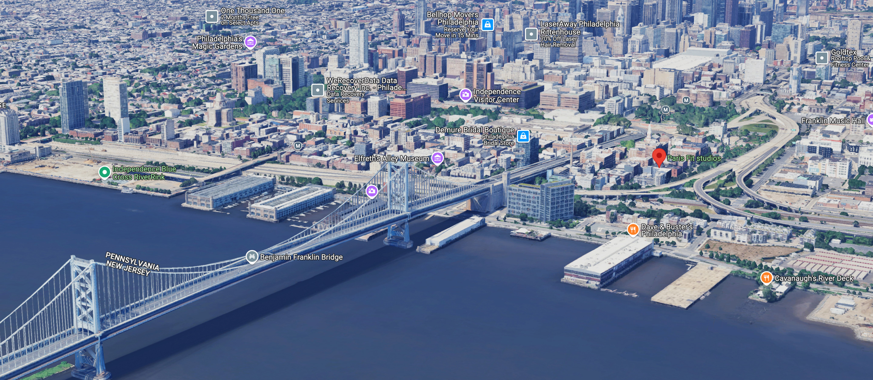 A Google Maps Platform photorealistic map of Philadelphia.