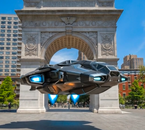 A futuristic spaceship with glowing blue engines hovers in front of the Washington Square Arch in New York City.