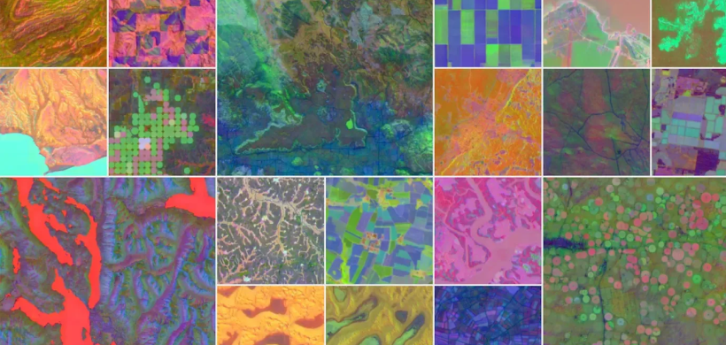 Grid of vibrant, false-color satellite views displaying diverse geographical landscapes and agricultural patterns.