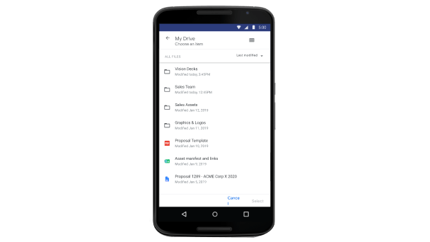 En la IU de Google Drive, se muestra una lista de diferentes tipos de archivos. 