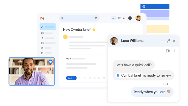 Chat-, Kalender- og Meet-integrasjoner vises i Gmail.