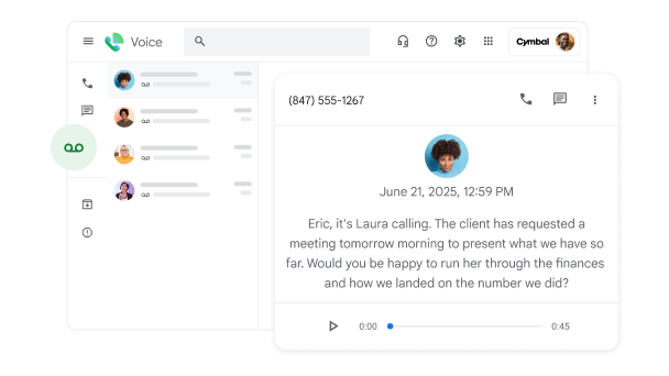 A Google Voice transcription preview of a voicemail from Laura to Eric. She asks if he can run through finance numbers in a morning call with their client tomorrow.