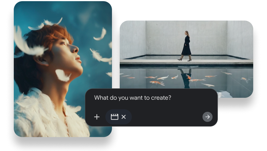 AI interface featuring a man with falling feathers and a person by a koi pond with a "What do you want to create?" prompt.