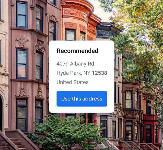 Brownstones in a city with an example of a validated address in Hyde Park, New York.