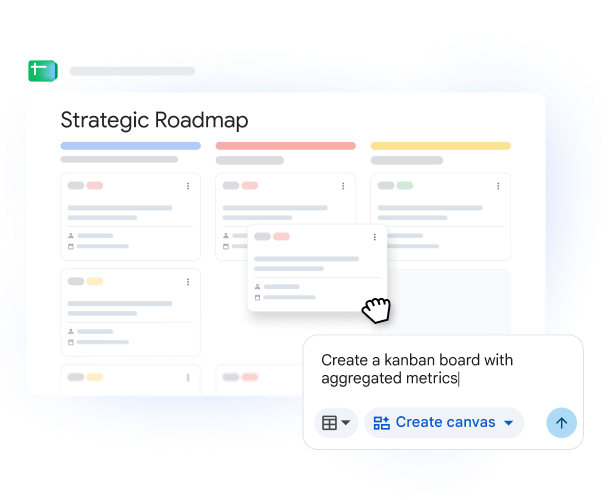 A Kanban board created by Gemini in Google Sheets, showing a team’s strategic roadmap.