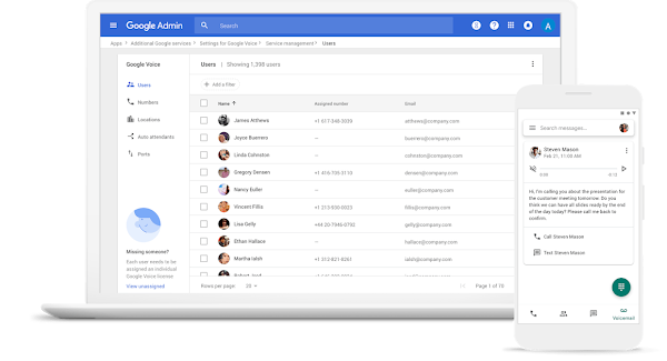 IU de administração do Google Voice no portátil 