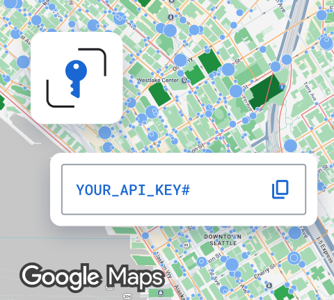 Seattle map with blue data points, a key icon, and a text box displaying YOUR_API_KEY#.